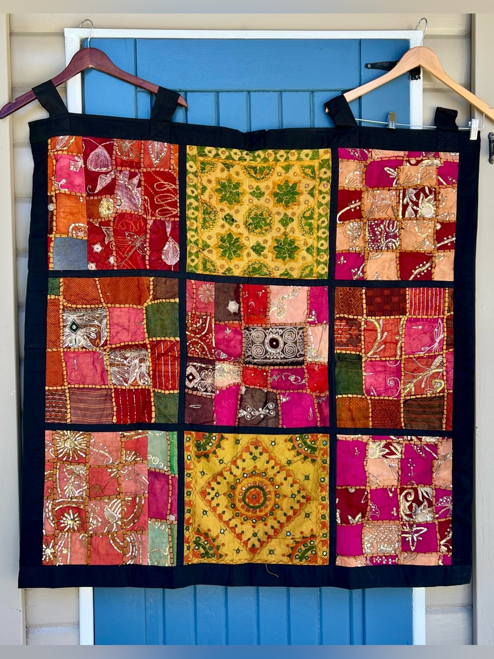 Vintage Pier 1 Patchwork Boho Embroidered Wall Hanging Art
